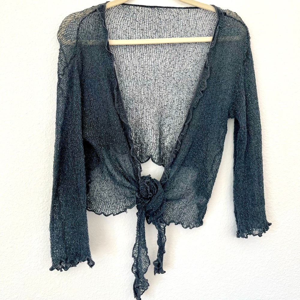 Anthropologie Sheer Knit Tie-Front Shrug in Teal